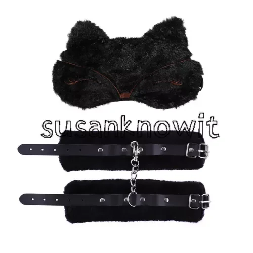 pornhint Pornhint Handcuffs Adjustable PU Leather Plush Handcuffs Blindfold Masks Restraints Games Libido