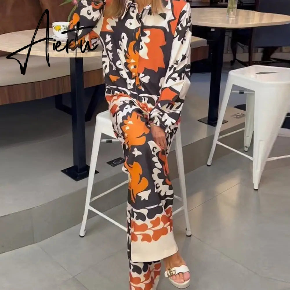 Autumn Elegant Lady Print Outfits Fashion Long Sleeve Lapel Shirt Tops And Long Pants Suit Casual Loose Women Two Piece Set Aiertu