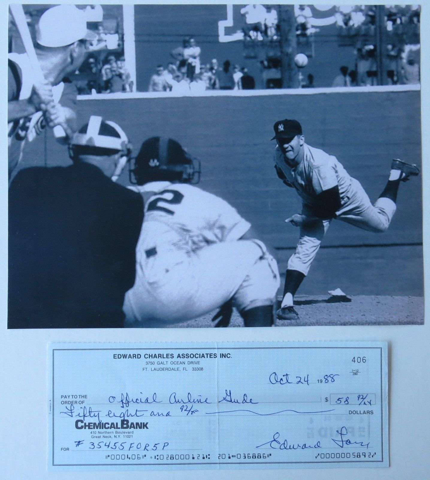 Whitey Ford Signed Check w/ 8x10 Photo Poster painting NY Yankees PSA/DNA COA