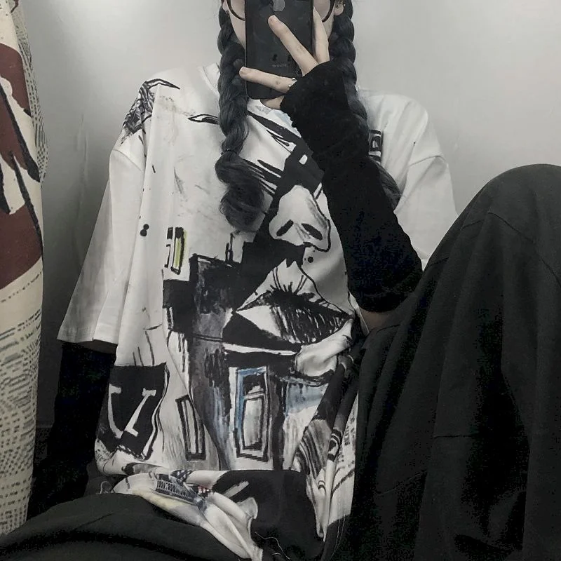 NiceMix Harajuku graffiti print women tshirt couple t shirt Korean style tops oversized graphic tee summer outfits o-neck tees