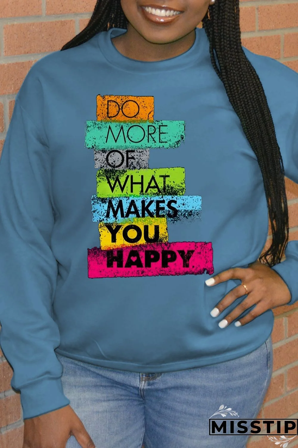 Blue Daily Print Patchwork Letter O Neck Tops