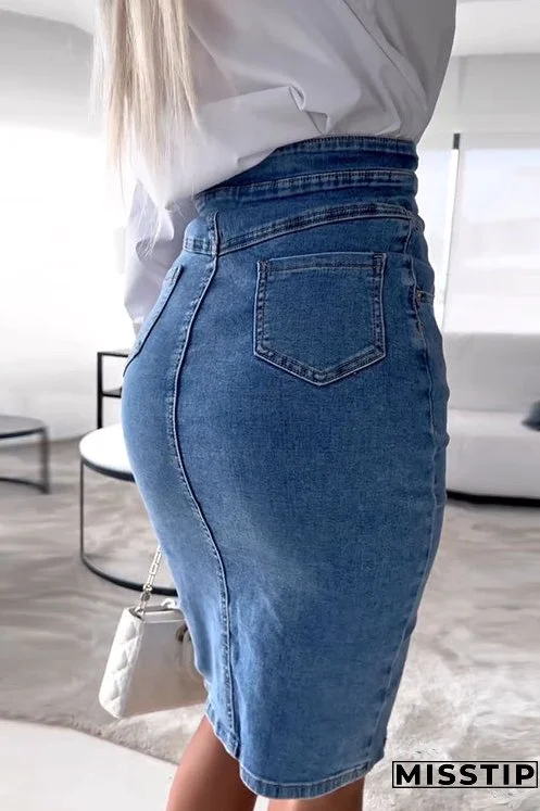 High Waist Slit Front Knee Length Denim Skirt