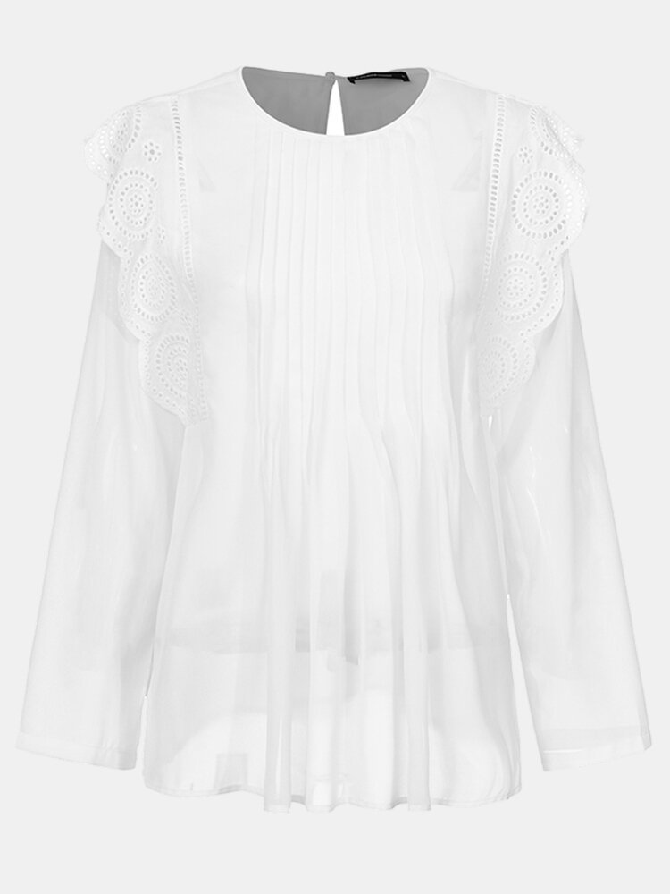 Sheer Lace Shirt Loose Puff Long Sleeve O neck Pleated Blouse P1634042