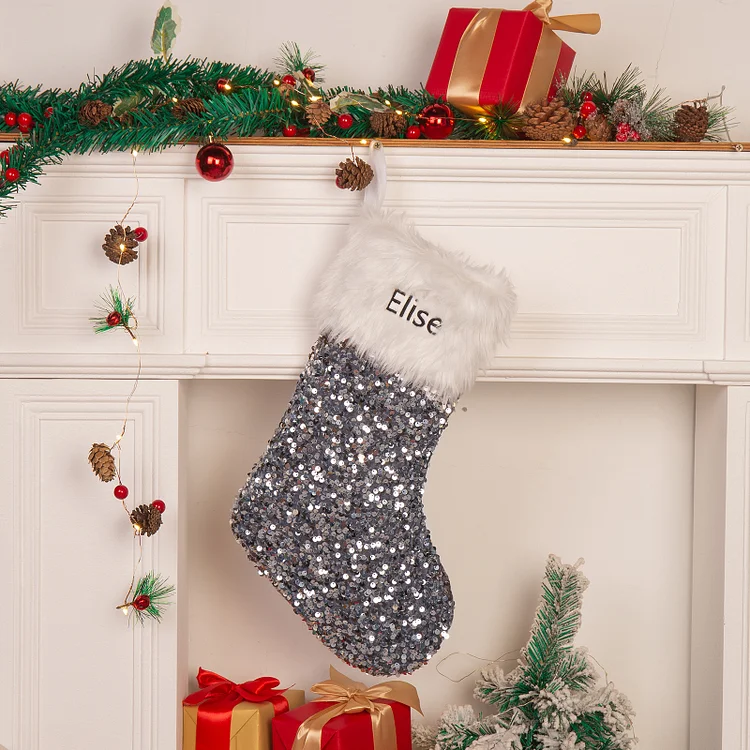 Adornos de medias navideñas con lentejuelas Bolsa de regalo 1 Nombre personalizado