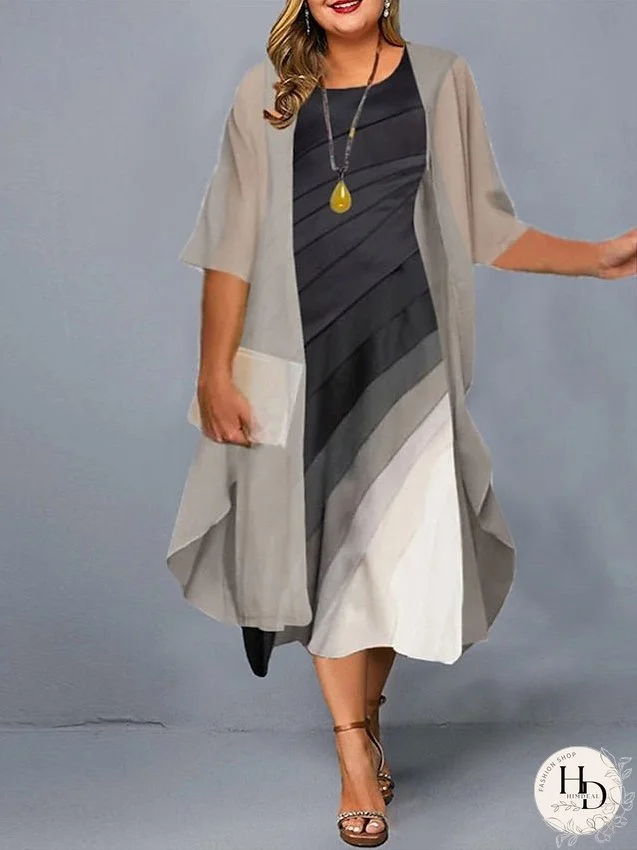 Women‘s Plus Size Curve Casual Dress Dress Set Two Piece Dress Gradient Midi Dress 3/4 Length Sleeve Print Crew Neck Fashion Daily Black Light Grey Spring Summer L XL XXL 3XL 4XL