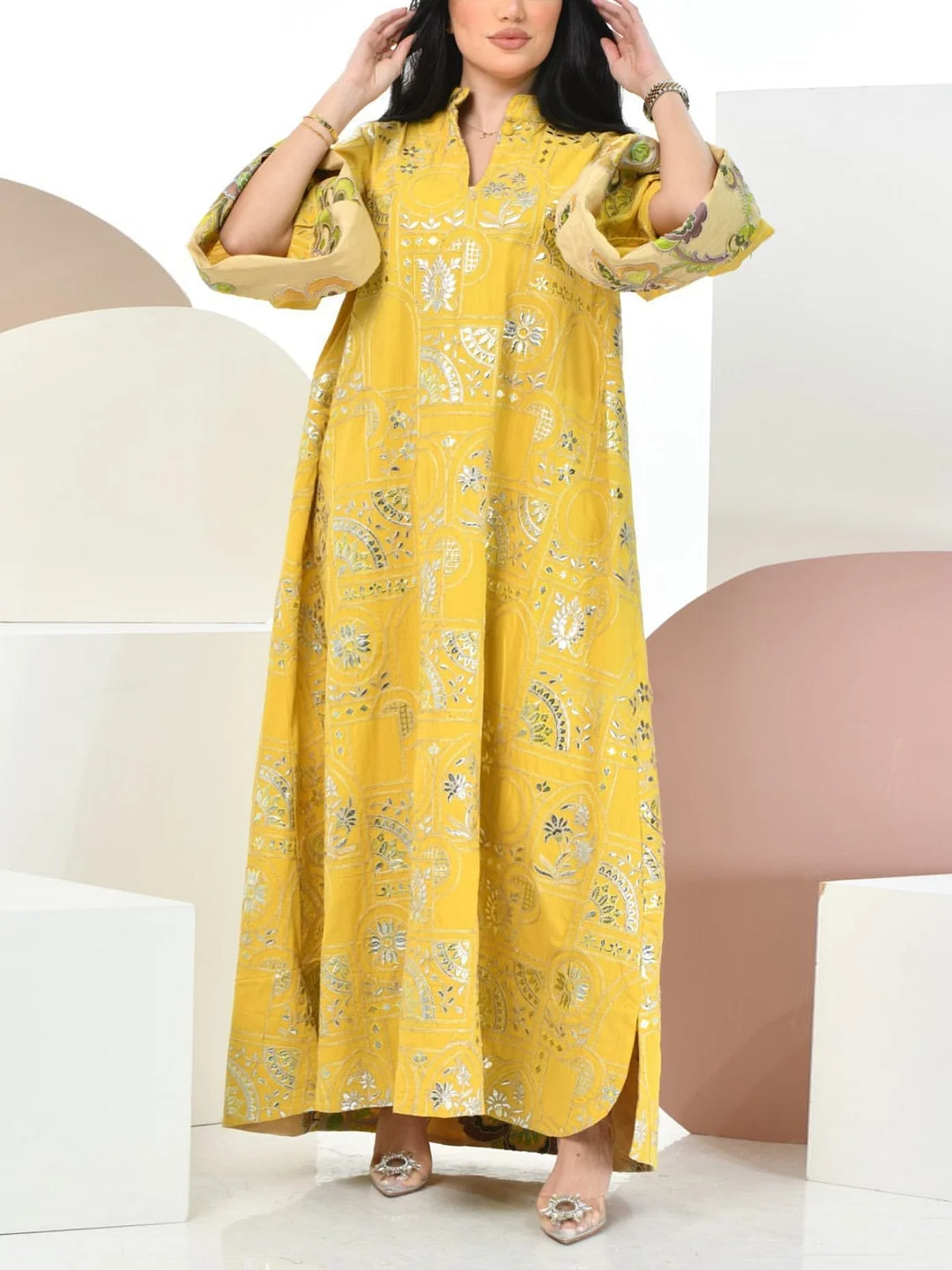 Yellow Loose V-Necked Ramadan Dress