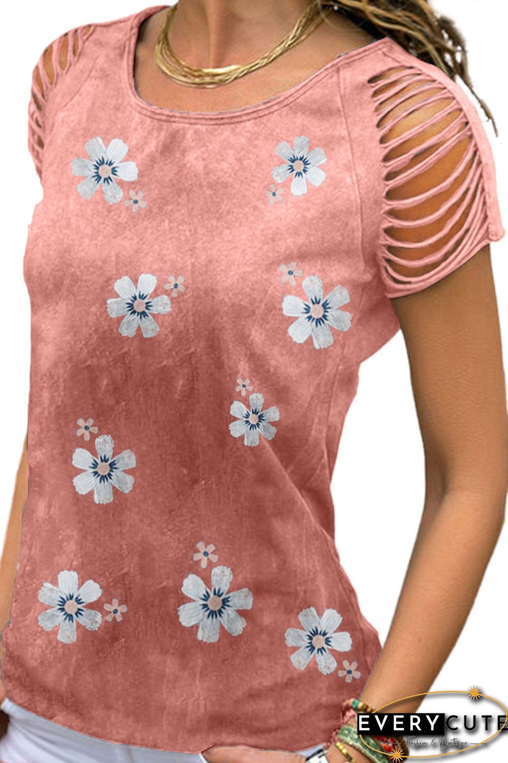 Red Floral Print Cut Out Short Sleeve T Shirt