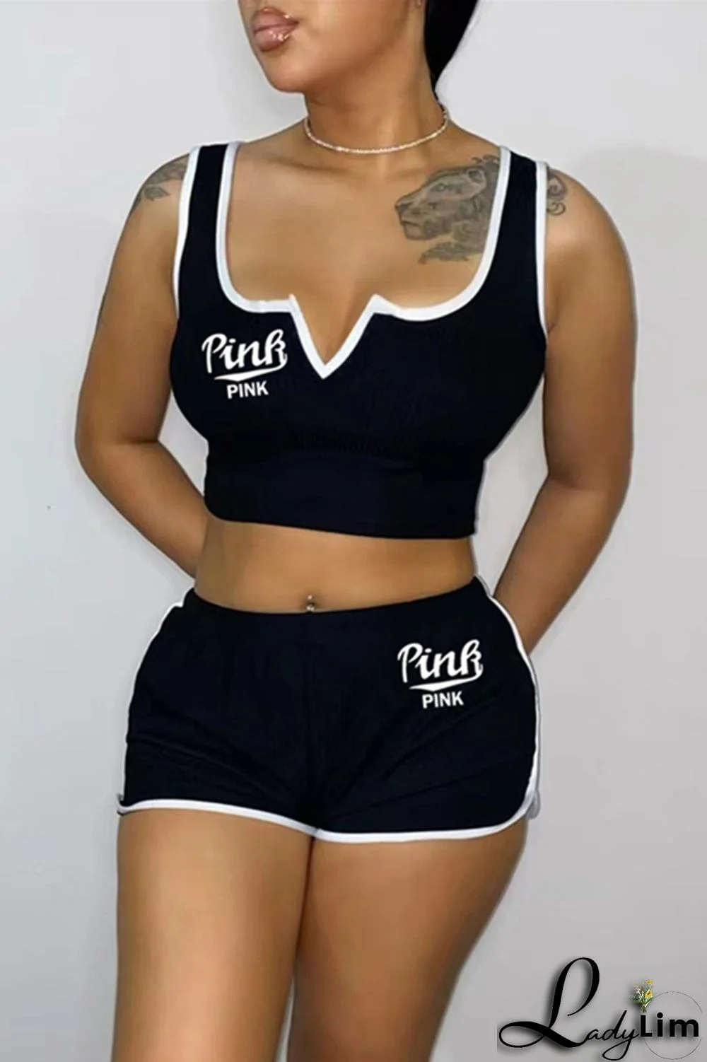 Tibetan Blue Fashion Casual Letter Print Basic V Neck Sleeveless Two Pieces