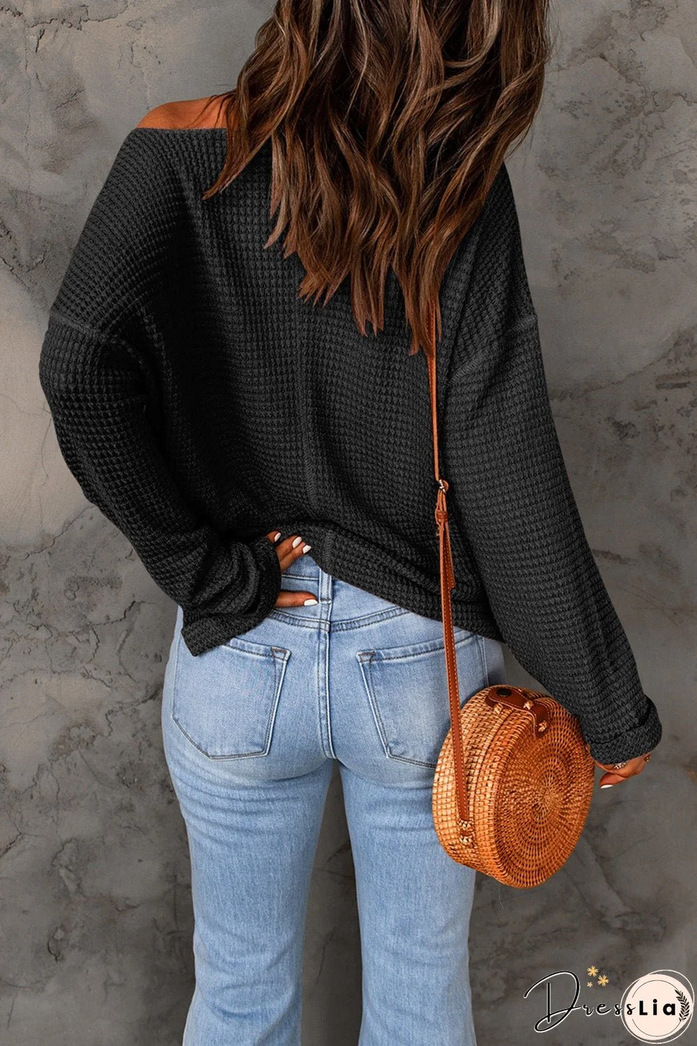 Cozy Black Waffle Texture V-Neck Top