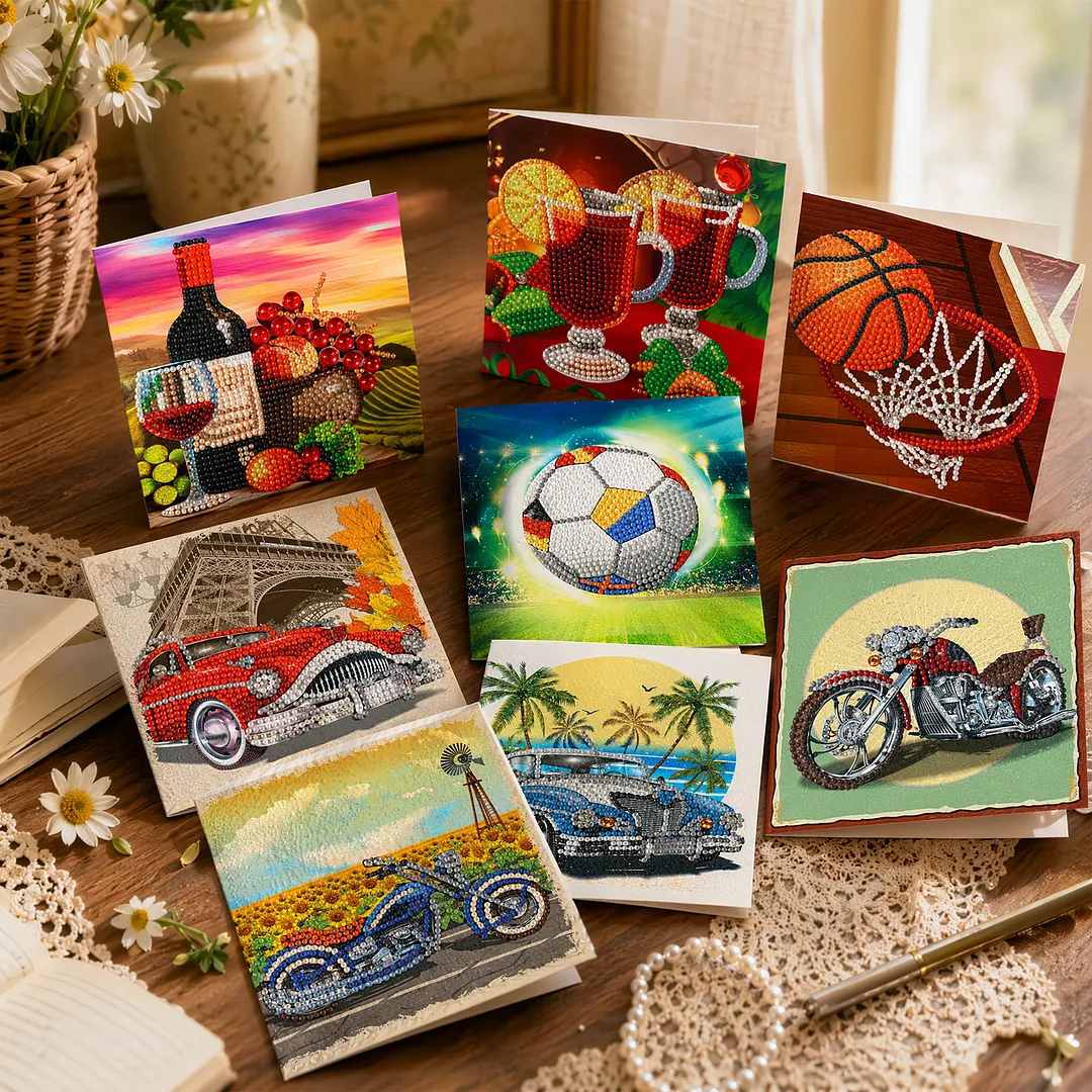 8PCS Cars and Balls DIY Diamond Painting Greeting Card Kits with Envelopes Diamond Art Greeting Cards Diamond Art Cards Kits for Adults DIY Crafts Family Friend Gifts