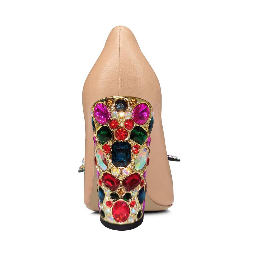 YDN Chunky Heel Jewelry Decor Pointed Toe Butterfly Nude Pumps