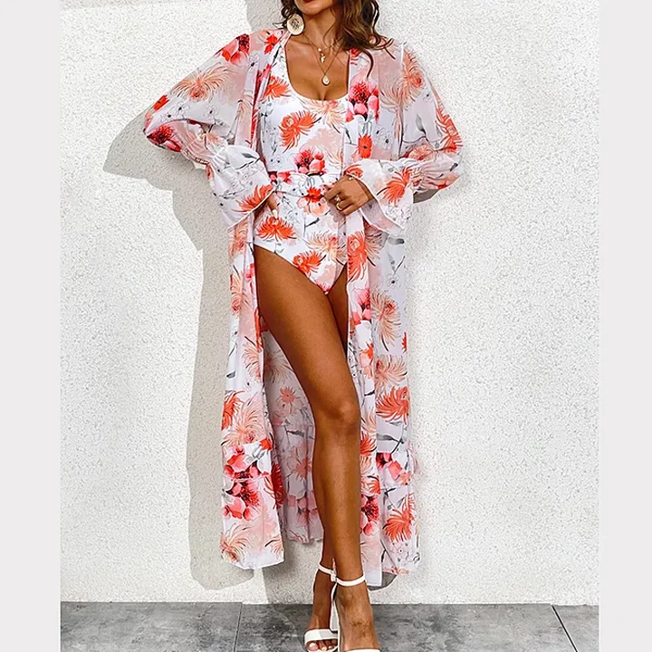 Printed Belt One Piece Swimsuit and Chiffon Cover Up Flaxmaker 