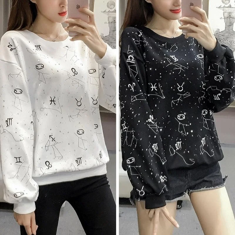 Black/White Constellation Printing Couples Pullover SP1811724