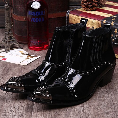 Metal Rivet Pointed Toe Man Large Size Heighten Short Boots Male Black Leather Ankle Boots