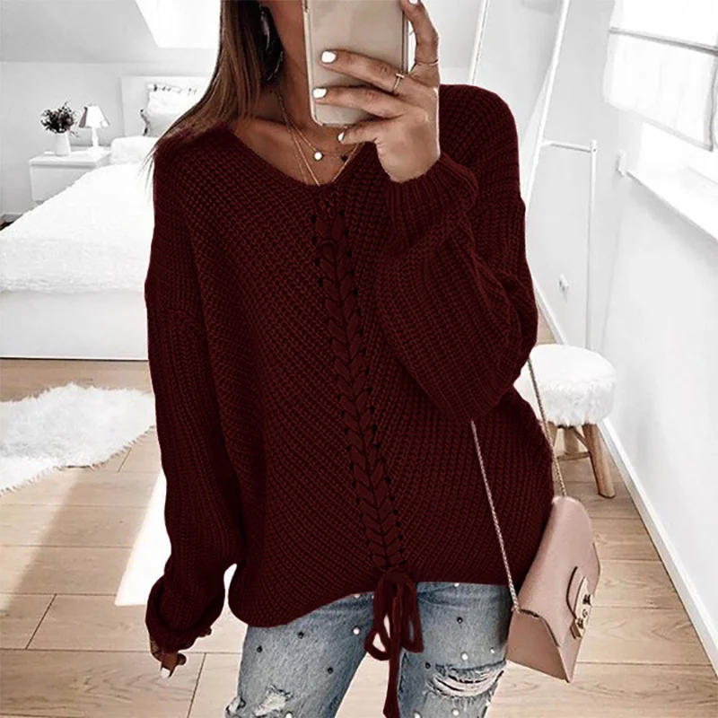 Wongn Wongn New Women Long Sleeves Loose V Neck Rope Exposed Back Jumper Knit Sweater Women's Clothing
