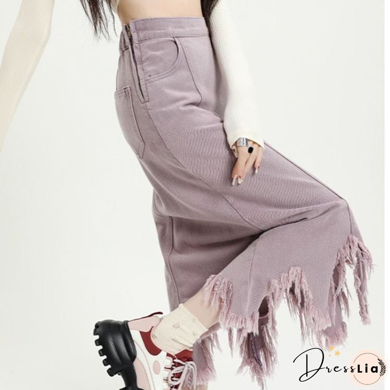 Back School Outfits Tassel Raw Edge Denim Skirt Women Design Sense Hotsweet High Waist A