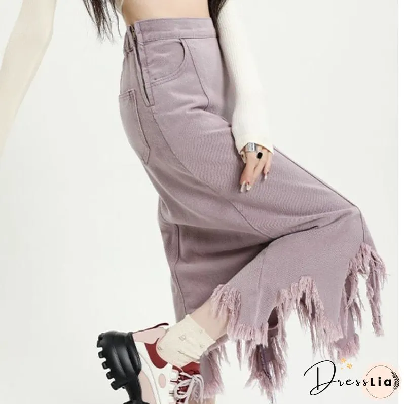 Back School Outfits Tassel Raw Edge Denim Skirt Women Design Sense Hotsweet High Waist A