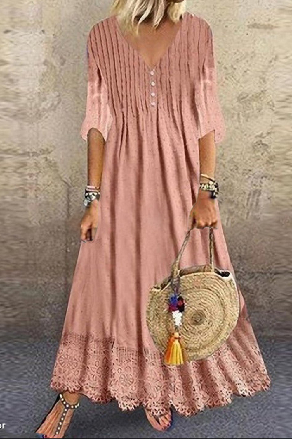 Casual Solid Color Short Sleeve V-Neck Maxi Dress