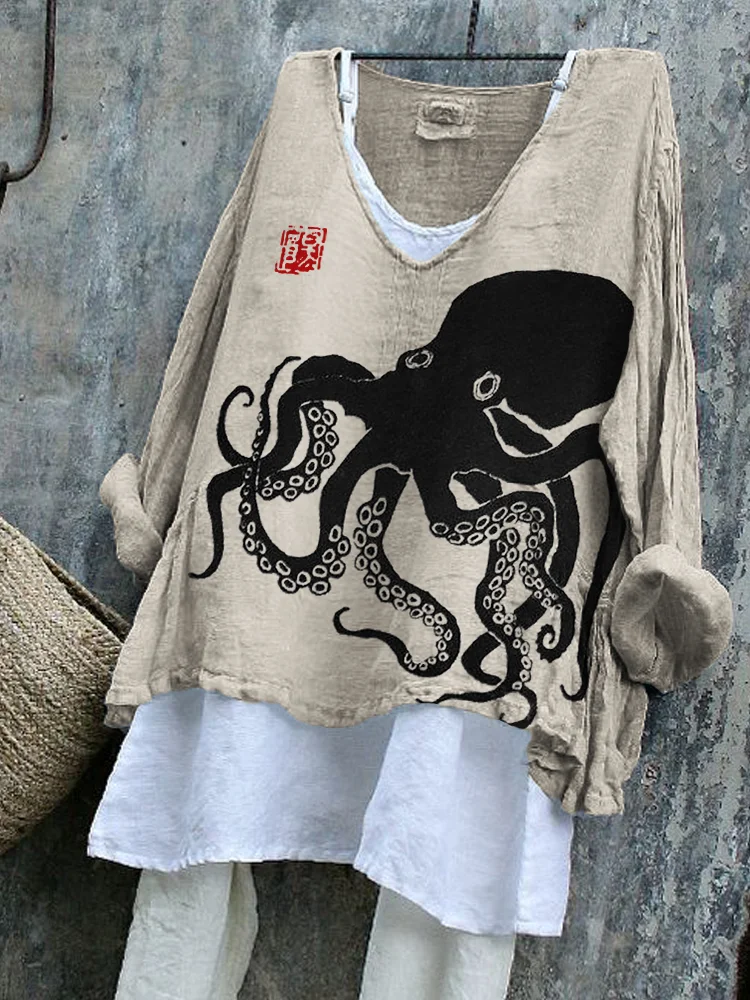 Wearshes Octopus Japanese Lino Art Flowy Linen Blend Tunic