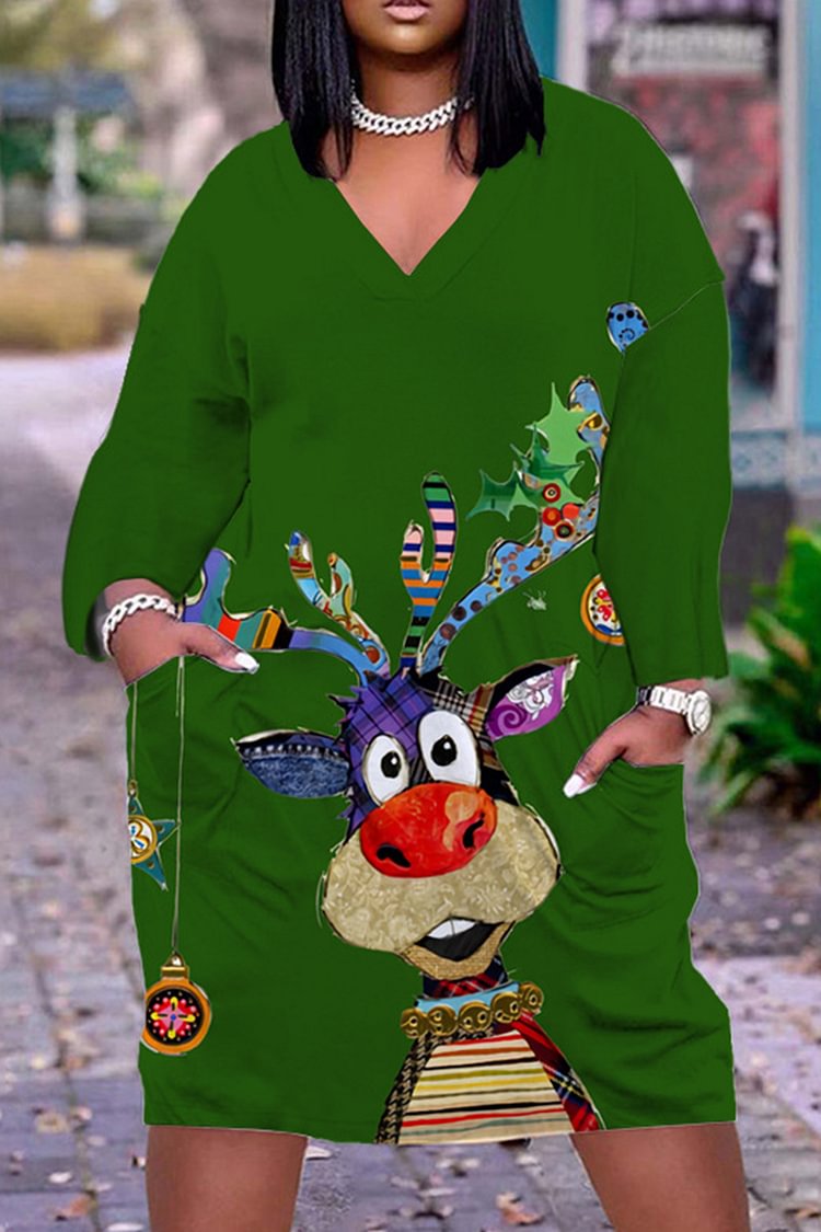 Plus Size Christmas Green Elk Print V Neck Long Sleeve Midi Dress