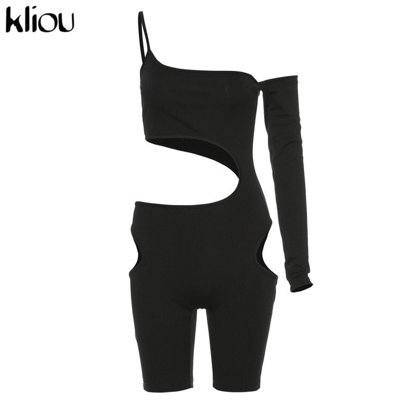 Kliou hollow out black solid playsuit one-shoulder asymmetric sleeve beach style rompers slash neck Skinny streetwear