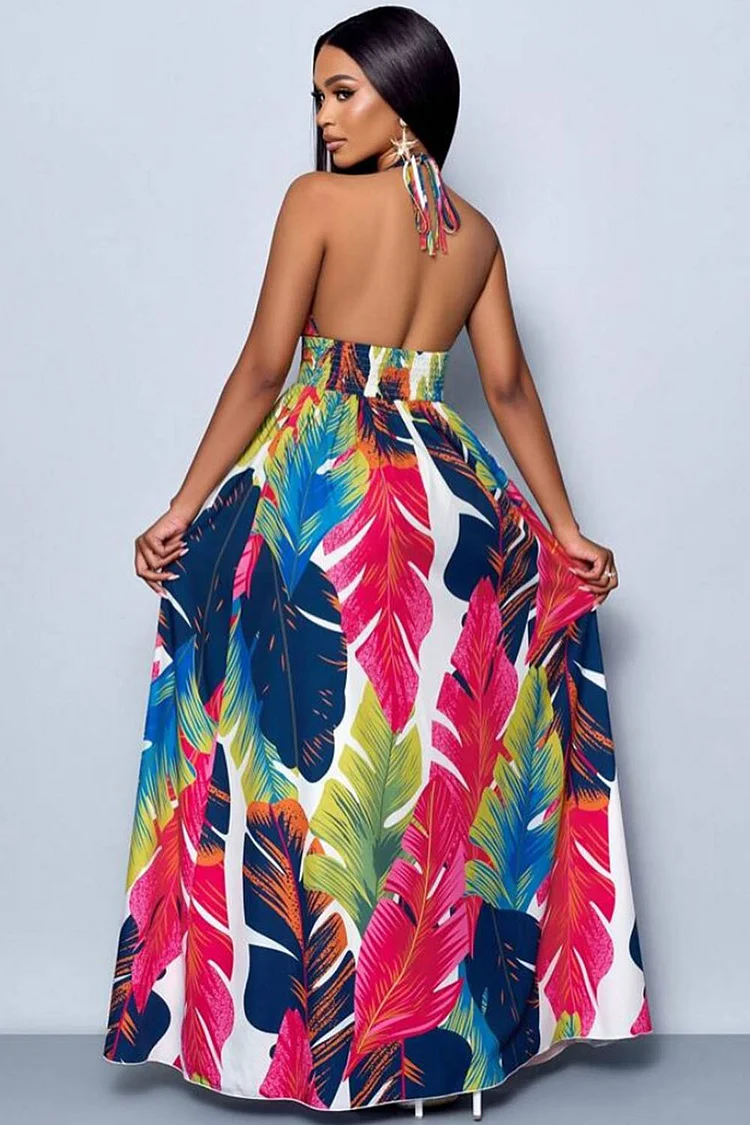Leaf Print Halter V Neck Backless Vacay Maxi Dresses-Multicolor