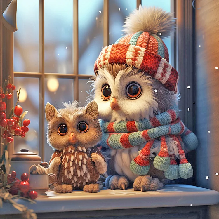 Full Round Diamond Painting - Christmas Snowy Night Owl And Cat 40*40CM