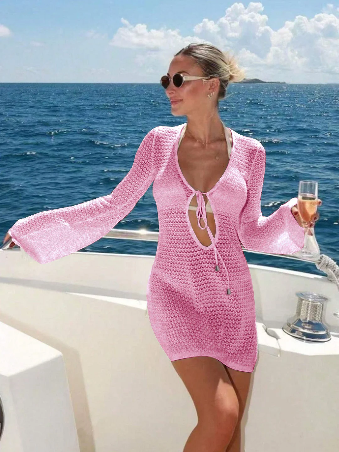 Athvotar Athvotar Beach Dress Sexy Hollow Perspective Knitted Long-Sleeved Bikini Shirt Sunscreen Woman