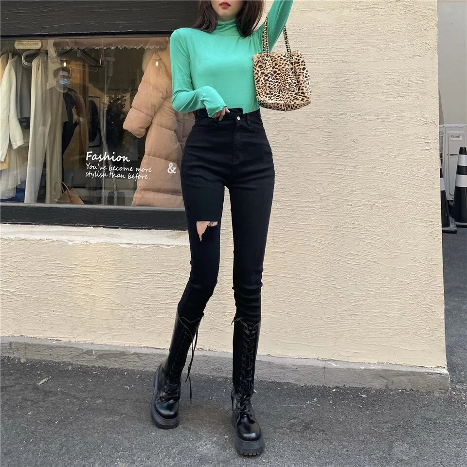Woman Skinny Jeans Ripped High Waist Clothes Blue Denim Clothing Streetwear Vintage Quality 2021 Sretch Fashion Harajuku