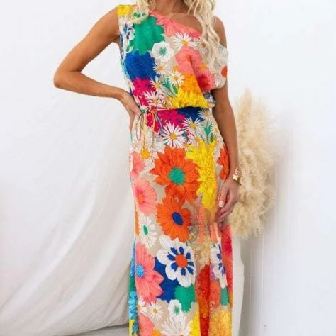 Fashion Printed Sexy Slant Shoulder Split Dress