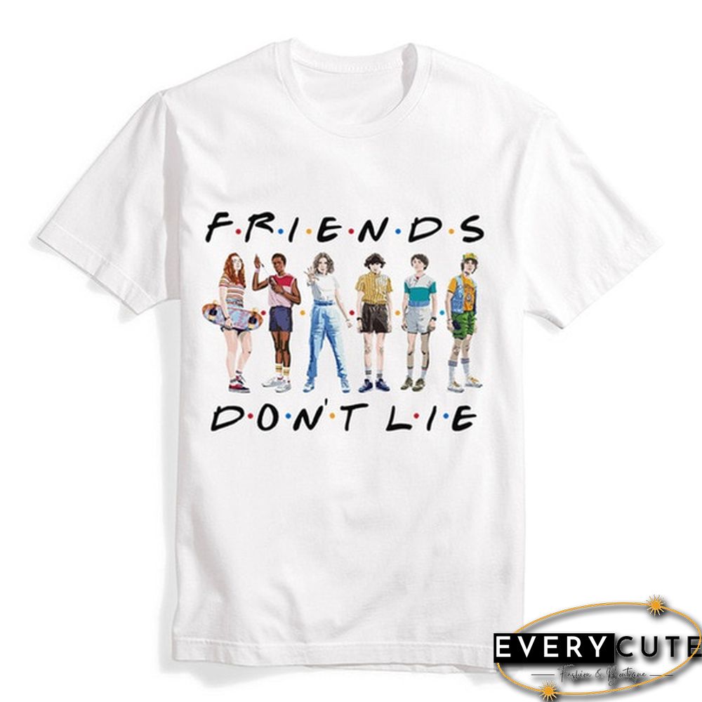 1Pcs Freind Dont Lie Six People Stand Printed T Shirt Stranger Things Letter Print Plus Size T Shirt White Short Sleeve Friends Dont Lie Printing Tees Feme Summe Tops