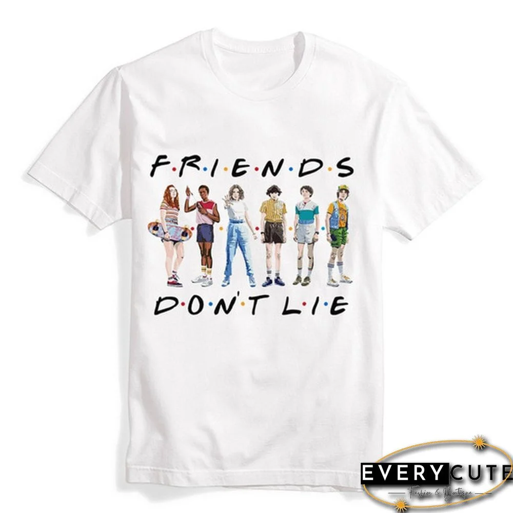 1Pcs Freind Dont Lie Six People Stand Printed T Shirt Stranger Things Letter Print Plus Size T Shirt White Short Sleeve Friends Dont Lie Printing Tees Feme Summe Tops