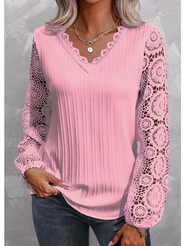 Womens Lace Shirt blouse plain black white pink long casual elegant fashion basic neck