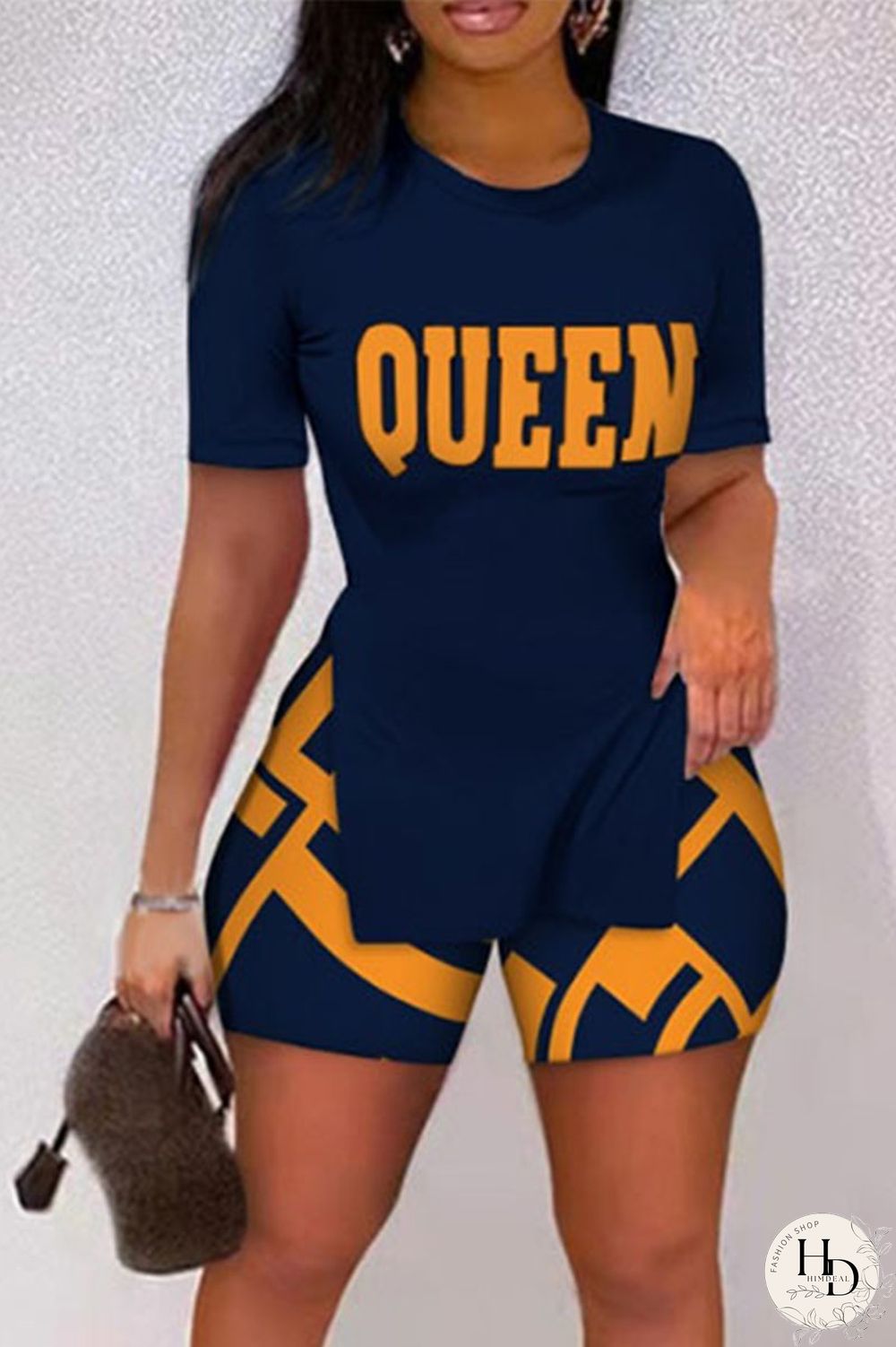 Brown Casual Print Patchwork Slit O Neck Short Sleeve Two Pieces