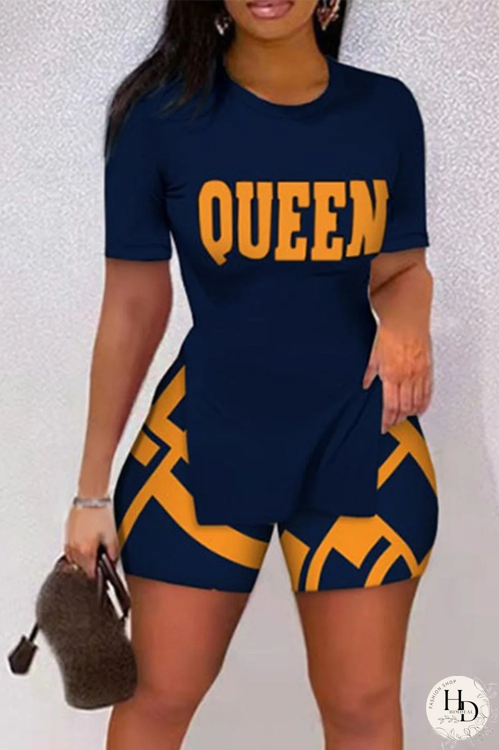 Brown Casual Print Patchwork Slit O Neck Short Sleeve Two Pieces