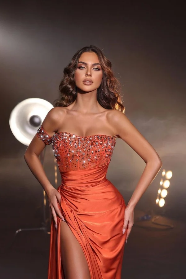 Lisliy Orange One-Shoulder Beaded High Split Prom Dress 