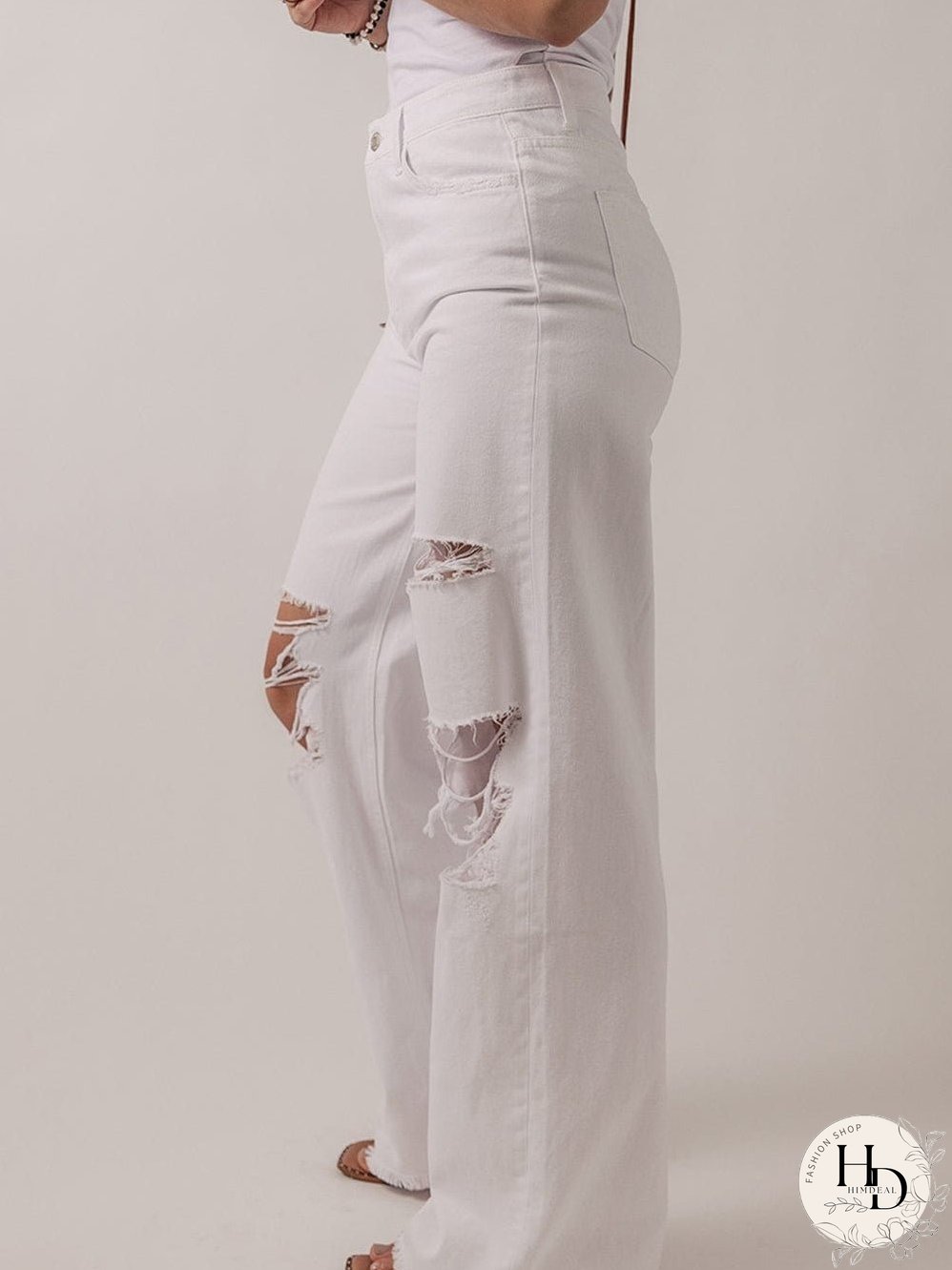 White Distressed Straight Leg Denim Jeans