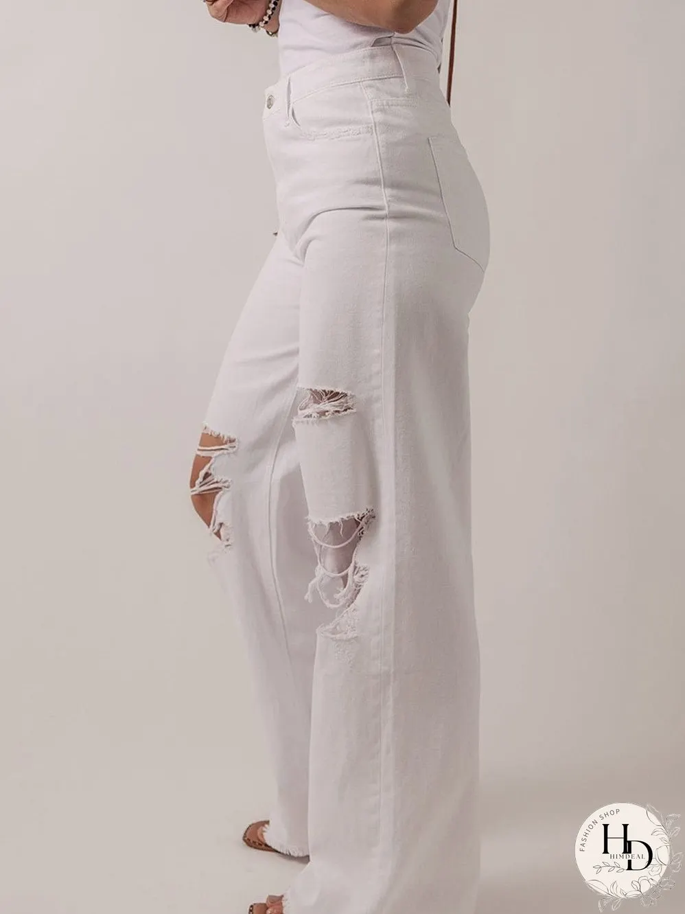 White Distressed Straight Leg Denim Jeans