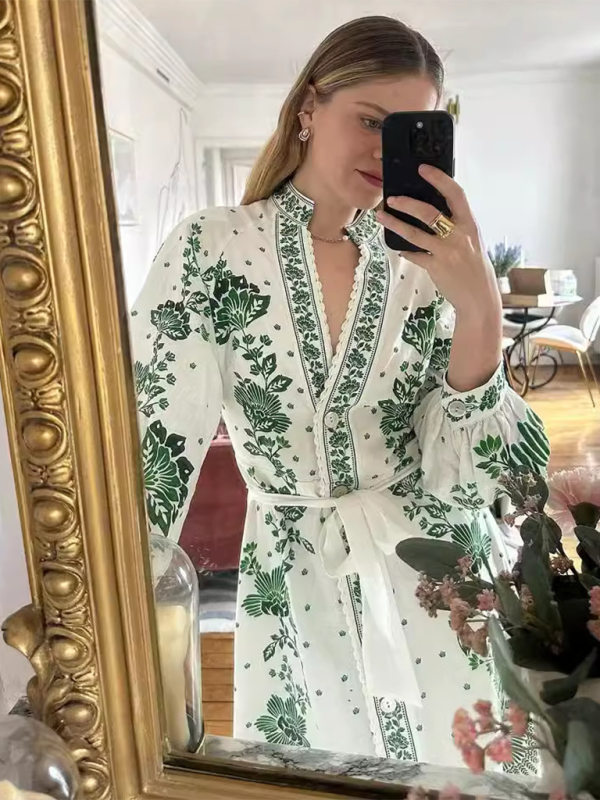 Mature Women Autumn And Winter New Fashion V-Neck Printed Long Sleeve Dress