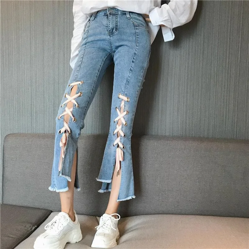 Lace UP Bell Bottom High Waist Split Denim Jeans SP15102