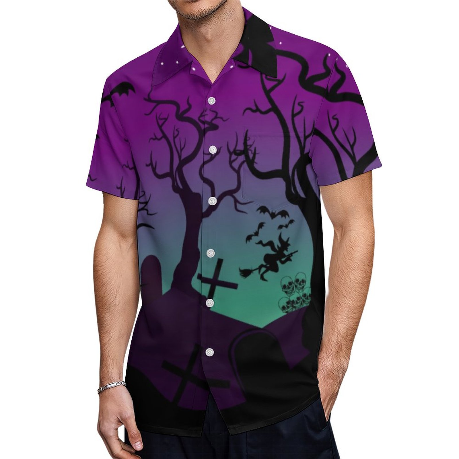 Purple Aqua Blue Haunted Graveyard Halloween | Men'S Tropical Print Hawaiian Beach Vacation Shirt | La Leela Beachwear Sarong Pareo Hawaiian Dresses Shirts Guitar Hawaiian Shirt Aloha Clothing (Vacation Resort)