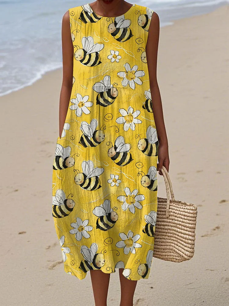 Women's Vintage Bee Flower Art Print Sleeveless Cotton Pocket Wrap Dress