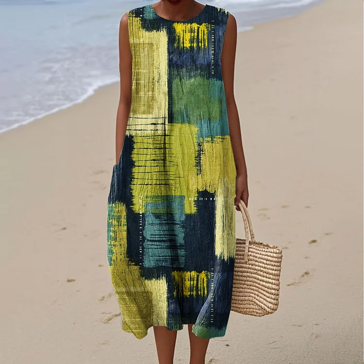 Women's Vintage Color Block Art Print Sleeveless Cotton Pocket Wrap Dress