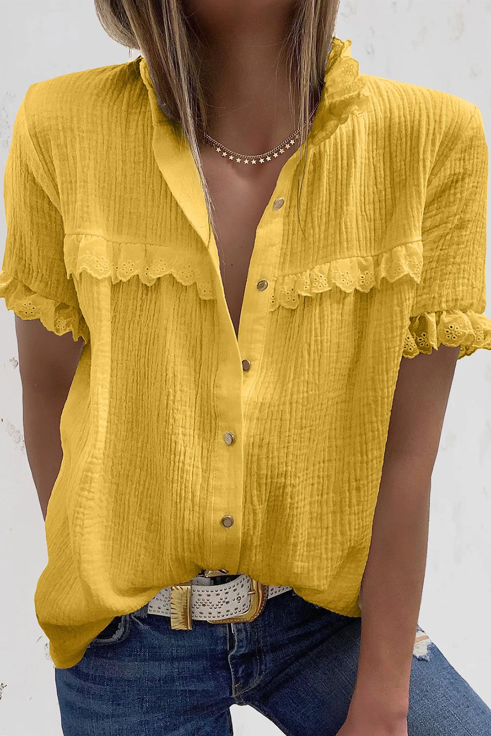 Yellow Buttoned Lace Splicing Ruffle Textured Short Sleeve Shirt | IFYHOME