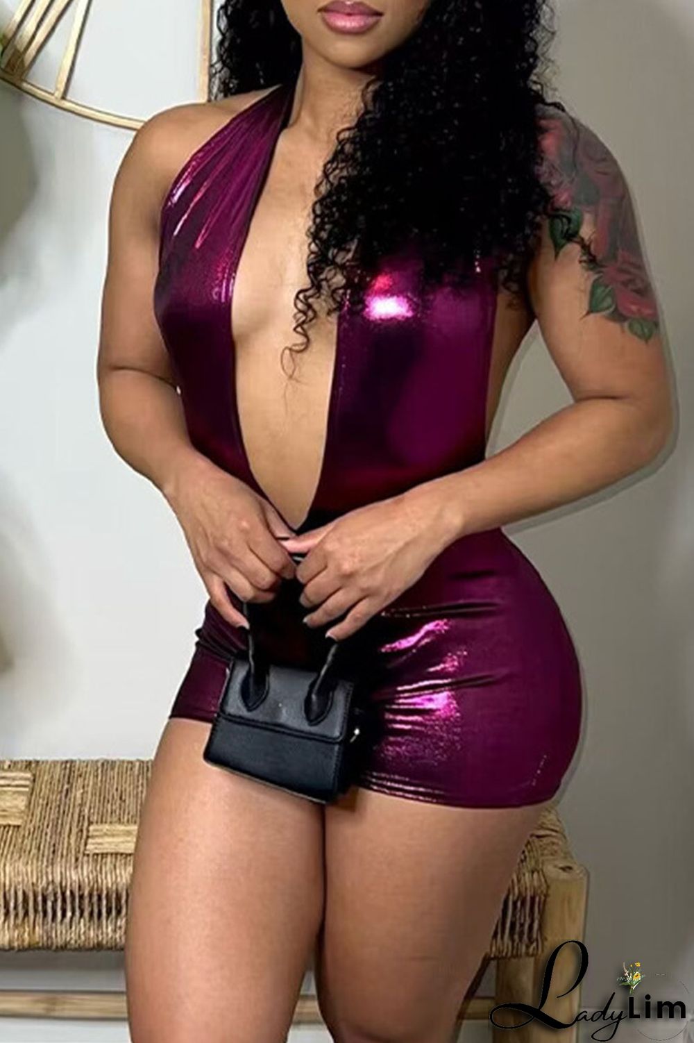 Fuchsia Sexy Solid Patchwork Backless Halter Skinny Jumpsuits