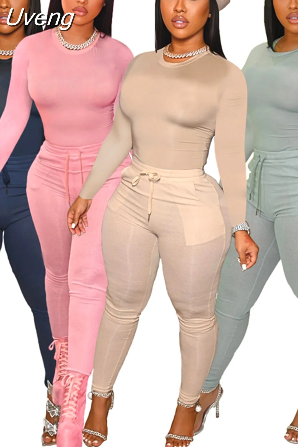 Uveng Fall Sport Solid Women's Set Long Sleeve T Shirt and Pants Suit Active Sweatsuit Tracksuit Two Piece Set Fitness Outfits