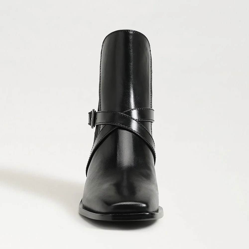 Classic Black Square Toe Chunky Heel Short Boots for Women with Buckle