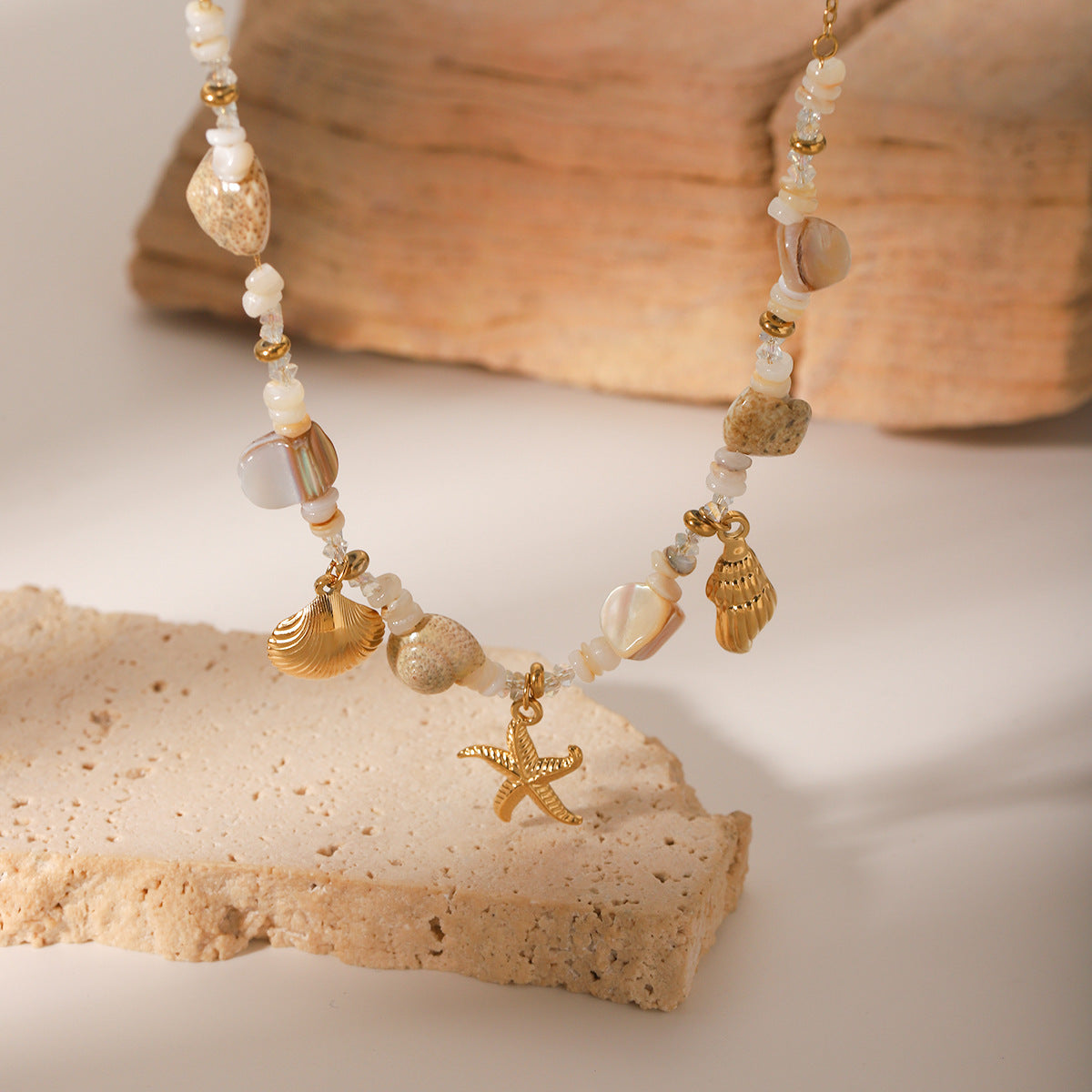 Stainless Steel Conch Starfish Shell Pendant Necklace Summer Ocean Style Shell Beaded Necklace