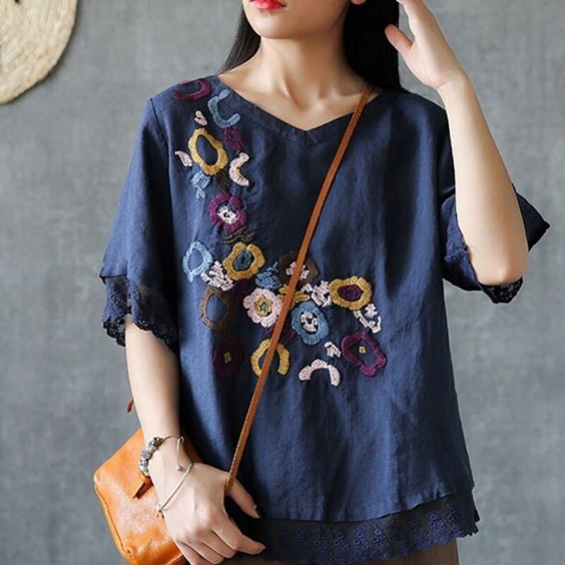 Women Floral Embroidery Vintage T-shirts