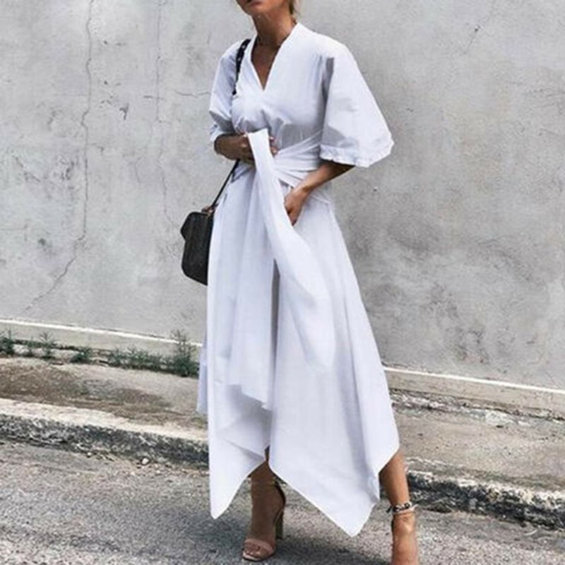 Puff Sleeve V-Neck Tie Panel Dress